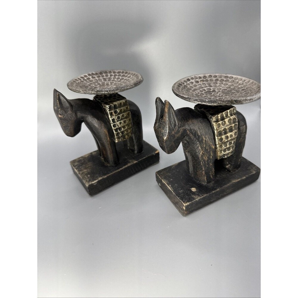 Handcrafted Wooden Donkey Incense/Candle Holder With Textured Metal Plate 4.75"
